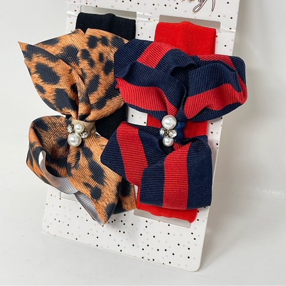 NWT! 2 Headband Set! Leopard print & Striped Pearl & CZ Diamond Bow Headbands - Picture 4 of 7